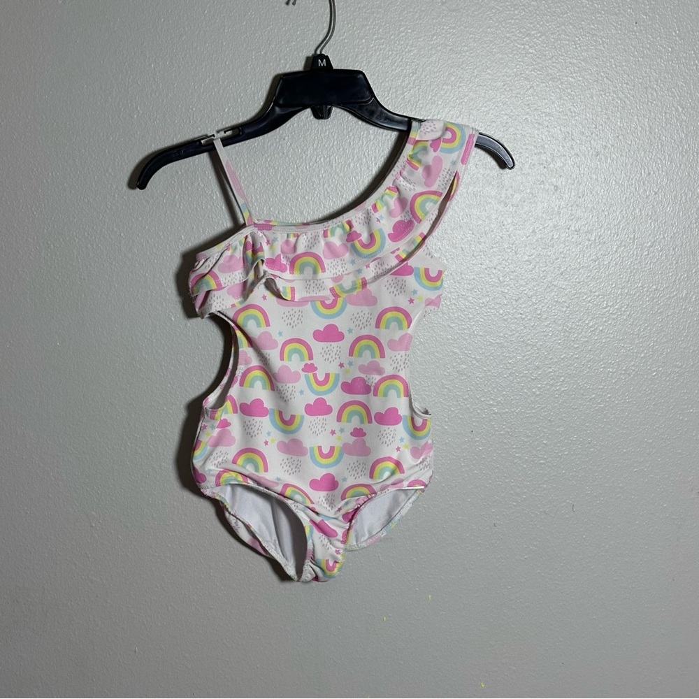 Young Hearts Kids Girl Pink One-Shoulder Swimsuit Rainbow Print size 10